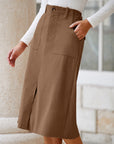 Solid High Waist Front-Slit Midi Skirt