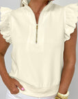 Solid Zip-Up Collared Ruffle Short Sleeve Blouse