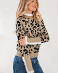 Leopard Lace Ribbed Trim Buttoned Cuff Sweater