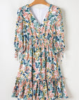 Floral 3/4 Sleeve V-Neck High Waist Ruffle Dress