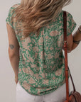 Floral Pleated Button V-Neck Short Sleeve Blouse
