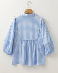 Stripe Shirt Collar V-Neck Ricrac Trim Blouse