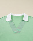 Moonlight Jade Color Block Striped Patchwork Collar V Neck Plus Size Sweatshirt