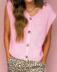 Solid Button Front V-Neck Sweater Knit Vest