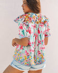 Greta Floral Split Neck Short Sleeve Blouse