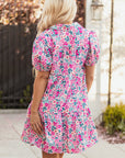 Floral Collared Half-Placket Short Sleeve Mini Dress