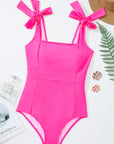 Solid Square Neck Tie Strap Open Back Swimsuit