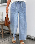 Denim Raw Hem Drawstring Wide Leg Pants