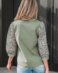 Floral Patchwork Contrast V-Neck Puff Sleeve Blouse