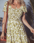 Boho Floral Smocked Square Neck Puff Sleeve Dress