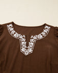 Plus Size Textured Corduroy Embroidered Neckline Midi Dress