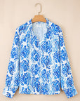 Abstract Tie-Neck Button- Up Puff Sleeve Shirt