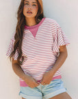 Stripe Contrast Detail Ruffle Short Sleeve Top