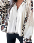 Leopard Waffle Knit Patchwork Zip Up Hoodie