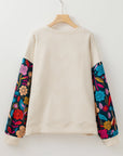 White Floral Patchwork Sleeve Textured Plus Size Pullover Top