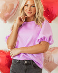 Solid Textured Round Neck Puff Sleeve Blouse