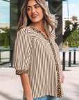 Stripe Leopard Trim V-Neck Buttoned Short Sleeve Shirt