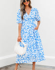 Floral V-Neck Puff Sleeve Flowy Maxi Dress