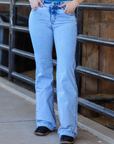 Light Wash Turquoise Denim Trousers With Subtle Pocket Detailing For Everyday Comfort