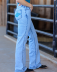 Light Wash Turquoise Denim Trousers With Subtle Pocket Detailing For Everyday Comfort