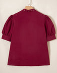 Rivet Embellished V-Neck Short Puff Sleeve Blouse