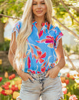 Floral V-Neck Pompom Trim Flutter Sleeve Blouse