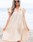 Floral Embroidered Pom Pom Ruffle Sleeve Dress