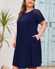 Plus Size Solid Lace Short Sleeve Pleated Dress