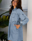 Denim Smocked Cuffs Shirt Mini Dress