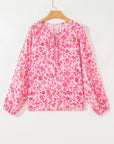 Floral Puff Sleeve Split Neck Lightweight Blouse