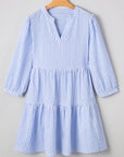 Stripe 3/4 Sleeve Pocketed Tiered Dress