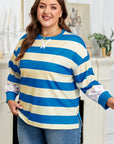Blue Stripe Floral Color Block Drop Shoulder Plus Size Pullover Top