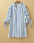Stripe Knotted 3/4 Sleeve Notched Neck Mini Dress