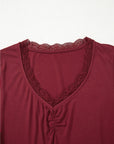 Lace Trim Ruched V-Neck Long Sleeve Top
