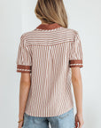 Stripe Collared V-Neck Bubble Sleeve Blouse