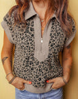 Leopard Zip-Up Collared Cap Sleeve Top