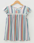 Stripe Lace Hollow-Out Flutter Sleeve Blouse