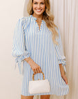 Stripe Knotted 3/4 Sleeve Notched Neck Mini Dress