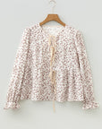 Floral Bow Tie Front Flounce Long Sleeve Blouse