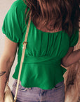 Solid Ruched Cross Waist Tied Back Peplum Top