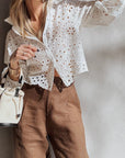 Eyelet Embroidered Puff Sleeve Cropped Shirt
