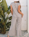 Paisley Checkered Buttoned Crew Neck Wide Leg Jumpsuit