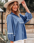 Solid Lace Ric-Rac 3/4 Sleeve Babydoll Blouse