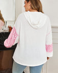 Plus Size Stripe Leopard Patchwork Waffle Knit Buttoned Hoodie