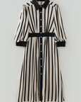 Stripe 3/4 Puff Sleeve Button Midi Dress