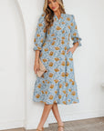 Floral Frilled V-Neck 3/4 Sleeve Midi Dress