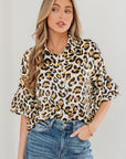 Leopard Ruffle Trim 3/4 Sleeve Buttoned Shirt