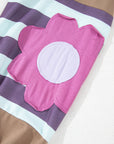 Light French Beige Flower Striped Patchwork Puff Sleeve Loose PLUS Sweatshirt