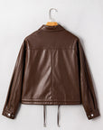 Leather Drawstring Hem Pocketed Jacket
