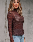 Sheer Mesh Lettuce Trim Long Sleeve Top